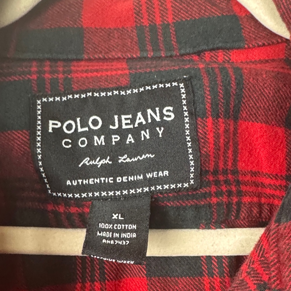 Vintage Polo Jeans Company Red and Black Plaid Men's Shirt - Picture 2 of 13